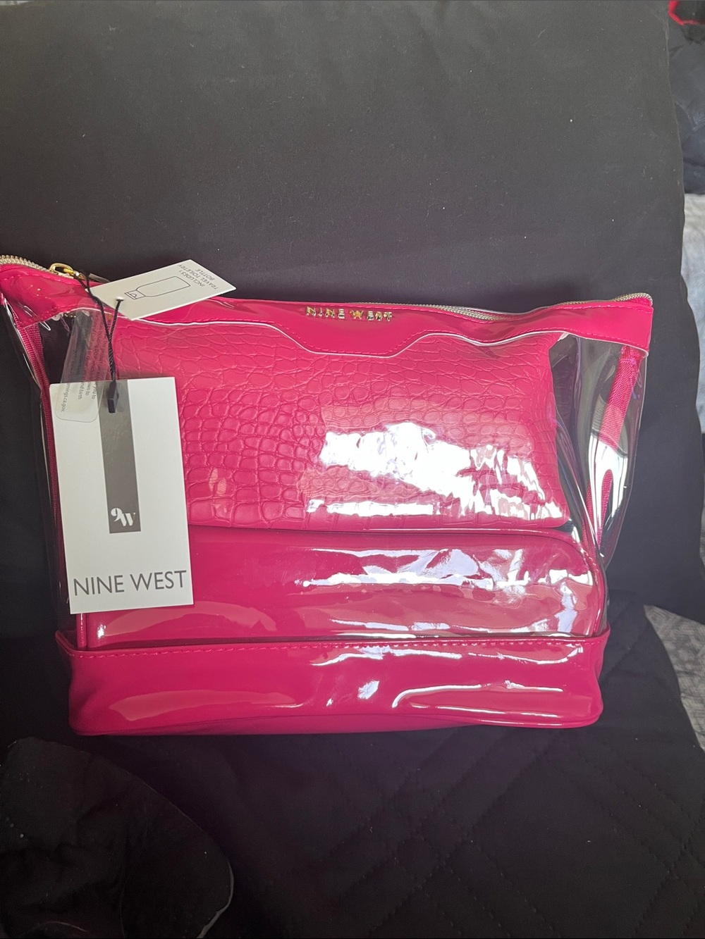 Nine West Bright Pink Clear Cosmetic Pouch with Croc-Texture Insert 3 piece set